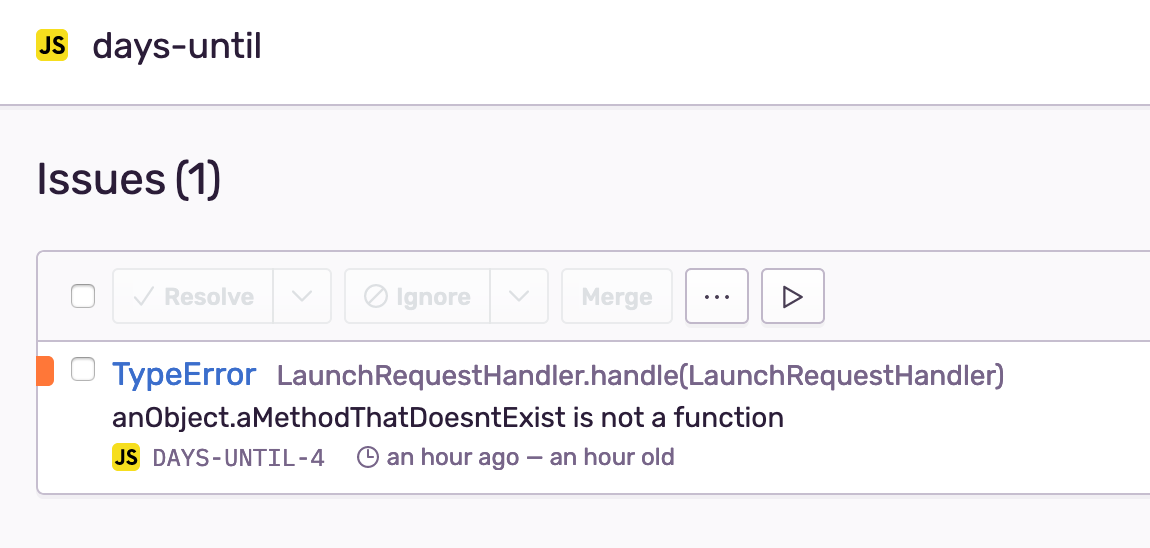 A screenshot of the Sentry dashboard with a new issue