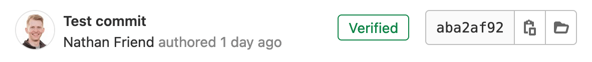 A screenshot of GitLab showing a 'Verified' label next to a commit