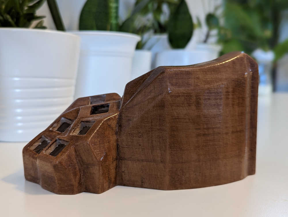 Another picture of a keyboard half from a different angle, finished with stain and polyurethane