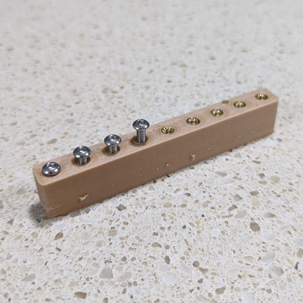 A photo of another insert hole test print; this one includes installed screws