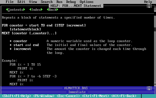 The QBasic help screen.