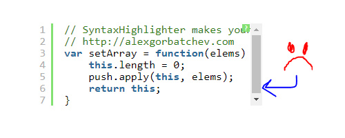 Some code with a scrollbar and a sad face next to it