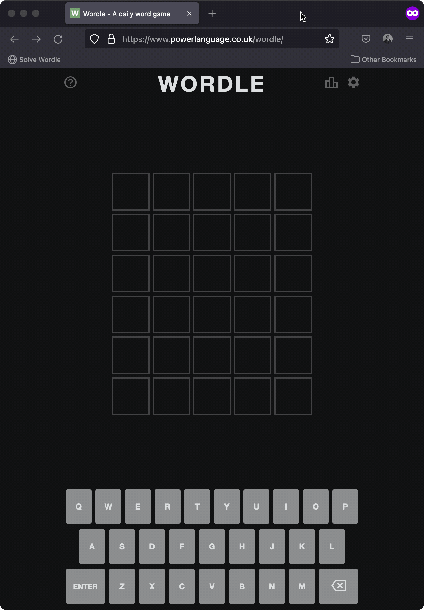 A demo of Wordle being solved by the script in bookmarklet form